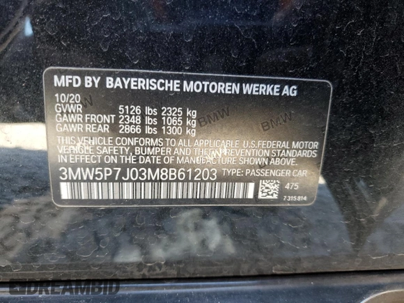 2021 BMW 3 Series 330e with VIN 3MW5P7J03M8B61203, listed as a Copart auction lot 46775885 with 0 mi miles and Salvage Title. Bid and sale history available at carsss.com. Image 15.