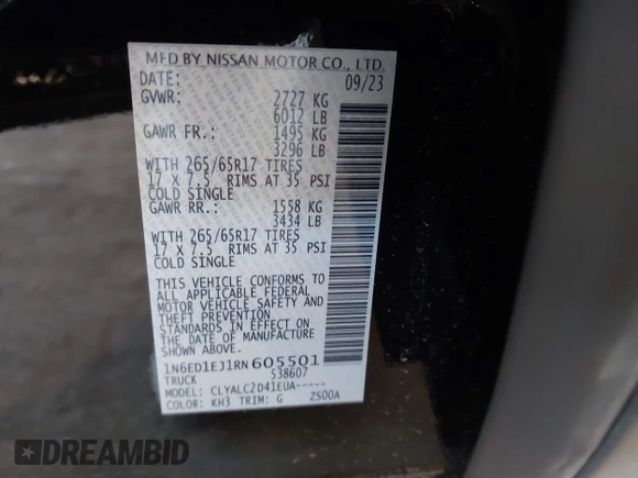 2024 Nissan Frontier SV with VIN 1N6ED1EJ1RN605501, listed as a IAAI auction lot 41649018 with 4,535 mi miles and . Bid and sale history available at DreamBid. Image 9.