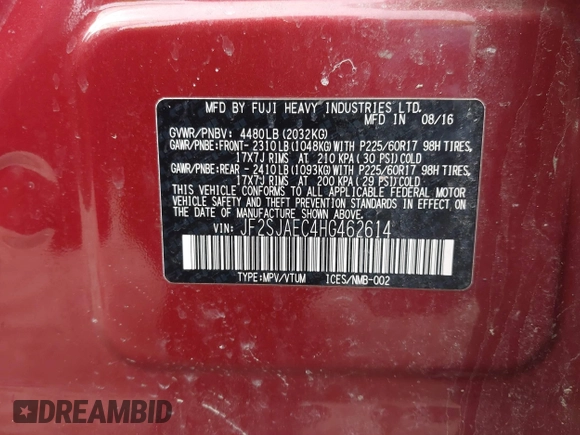 2017 Subaru Forester Premium with VIN JF2SJAEC4HG462614, listed as a IAAI auction lot 41647029 with 162,492 mi miles. Bid and sale history available at carsss.com. Image 9.