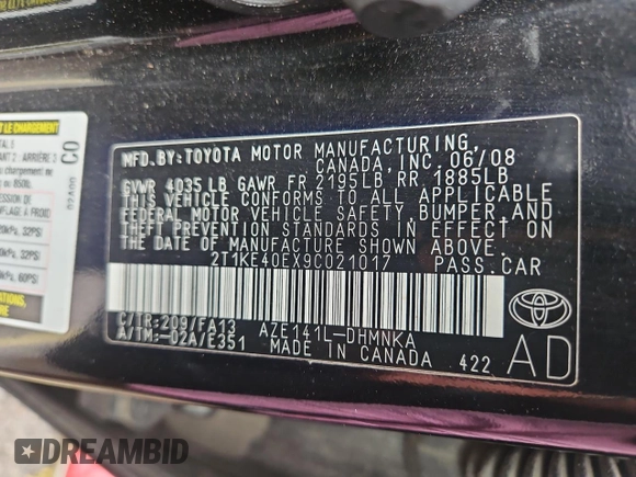 2009 Toyota Matrix S z VIN 2T1KE40EX9C021017, wystawiony jako Copart lot #57352005 z przebiegiem 120 332 mil mil oraz Czysty tytuł • Clean title. Historia ofert i sprzedaży dostępna na DreamBid. Obrazek 10.