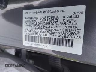 2020 Acura TLX Technology with VIN 19UUB1F50LA015540, listed as a IAAI auction lot 41710482 with 52,932 mi miles and . Bid and sale history available at carsss.com. Image 9.