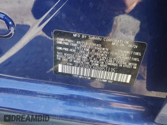 2024 Subaru Crosstrek Premium with VIN JF2GUADC6RH851135, listed as a Copart auction lot 62361015 with 10,840 mi miles and Salvage title. Bid and sale history available at DreamBid. Image 13.