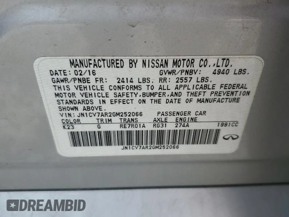 2016 Infiniti Q50 Premium with VIN JN1CV7AR2GM252066, listed as a Copart auction lot 53565405 with 163,870 mi miles and Salvage Title. Bid and sale history available at DreamBid. Image 12.