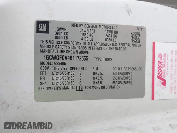 2011 Chevrolet Express Cargo with VIN 1GCWGFCA4B1172655, listed as a IAAI auction lot 42451763 with 326,327 mi miles and . Bid and sale history available at DreamBid. Image 9.