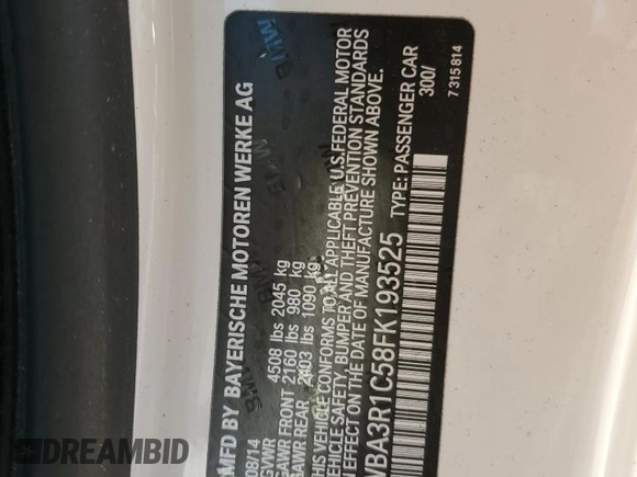 2015 BMW 4 Series 435i with VIN WBA3R1C58FK193525, listed as a Copart auction lot 57428725 with 85,881 mi miles and Clean title. Bid and sale history available at DreamBid. Image 12.