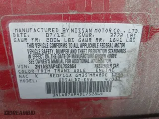 2013 Nissan Sentra SV with VIN 3N1AB7AP4DL752864, listed as a IAAI auction lot 41944525 with 1 mi miles. Bid and sale history available at carsss.com. Image 9.