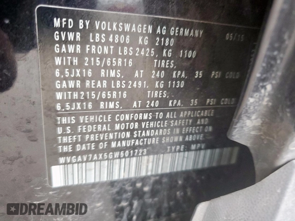 2016 Volkswagen Tiguan S с VIN WVGAV7AX5GW501723, выставлен на аукционе Copart как лот 60567935 с пробегом 65 660 миль миль и Списание • Salvage title. История ставок и продаж доступна на DreamBid. Изображение 14.