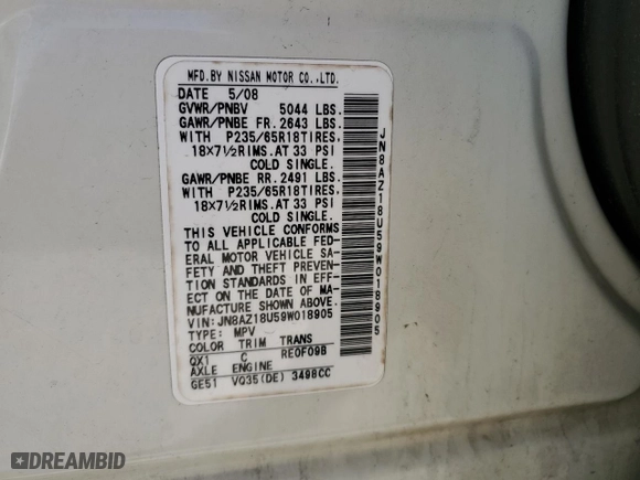 2009 Nissan Murano S with VIN JN8AZ18U59W018905, listed as a Copart auction lot 47293645 with 182,640 mi miles and Salvage Title. Bid and sale history available at carsss.com. Image 14.