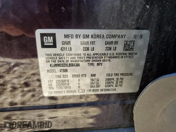 2020 Buick Encore GX Select with VIN KL4MMDS2XLB084388, listed as a Copart auction lot 45205255 with 57,989 mi miles and Salvage title. Bid and sale history available at DreamBid. Image 13.