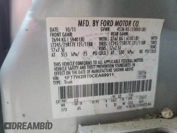 2012 Ford F-250 XL with VIN 1FT7W2BT0CEA69911, listed as a Copart auction lot 61872635 with 286,171 mi miles and Salvage title. Bid and sale history available at DreamBid. Image 12.