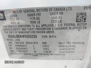 2015 Chevrolet Equinox LT z VIN 2GNALBEK4F6262239, wystawiony jako IAAI lot #42462890 z przebiegiem 117 887 mil mil oraz . Historia ofert i sprzedaży dostępna na DreamBid. Obrazek 9.