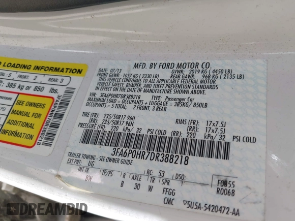 2013 Ford Fusion SE with VIN 3FA6P0HR7DR388218, listed as a IAAI auction lot 42627924 with 96,809 mi miles and . Bid and sale history available at DreamBid. Image 9.