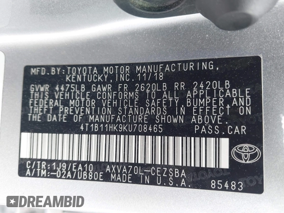 2019 Toyota Camry LE z VIN 4T1B11HK9KU708465, wystawiony jako IAAI lot #41921754 z przebiegiem 119 106 mil mil oraz . Historia ofert i sprzedaży dostępna na DreamBid. Obrazek 9.