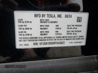 2024 Tesla Model S Plaid z VIN 5YJSA1E65RF543822, wystawiony jako Copart lot #48545205 z przebiegiem 2 473 mil mil oraz Szkoda całkowita • Salvage title. Historia ofert i sprzedaży dostępna na DreamBid. Obrazek 12.