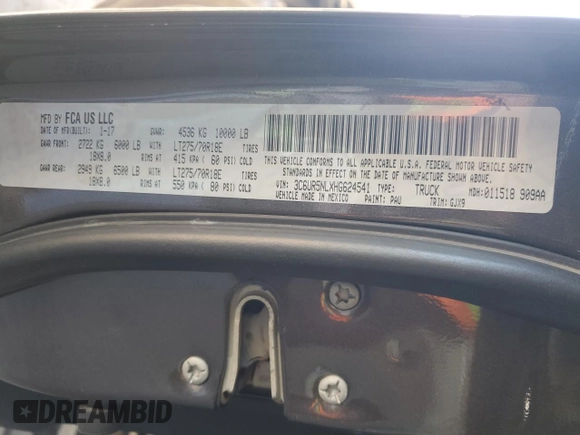 2017 Ram 2500 Laramie with VIN 3C6UR5NLXHG624541, listed as a Copart auction lot 89405515 with 98,927 mi miles and Salvage title. Bid and sale history available at DreamBid. Image 12.