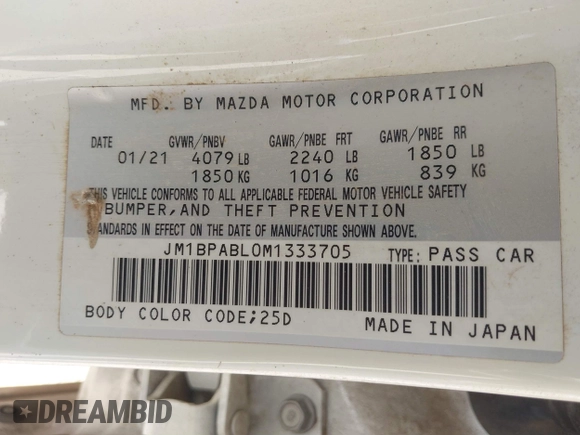 2021 Mazda 3 Select with VIN JM1BPABL0M1333705, listed as a IAAI auction lot 41819213 with 82,977 mi miles and . Bid and sale history available at DreamBid. Image 9.
