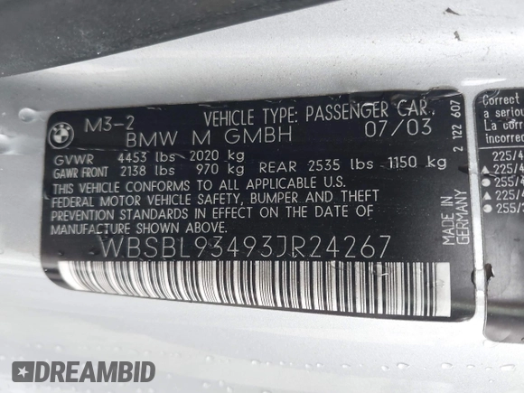 2003 BMW 3 Series M3 with VIN WBSBL93493JR24267, listed as a IAAI auction lot 42155960 with 103,631 mi miles and . Bid and sale history available at DreamBid. Image 9.