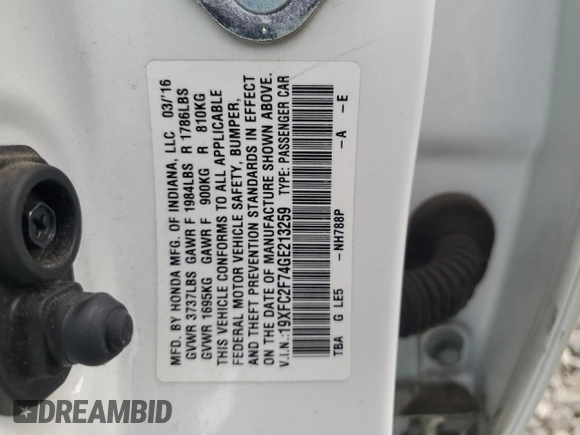 2016 Honda Civic EX with VIN 19XFC2F74GE213259, listed as a Copart auction lot 78441554 with Not Provided miles and Salvage Title. Bid and sale history available at DreamBid. Image 12.