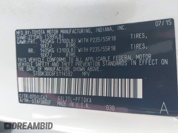 2015 Toyota Sienna Limited с VIN 5TDDK3DC6FS114592, выставлен на аукционе IAAI как лот 42369139 с пробегом 134 436 миль миль и . История ставок и продаж доступна на DreamBid. Изображение 9.