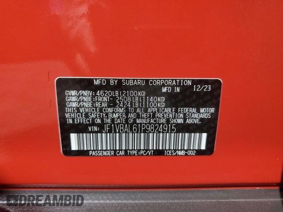 2023 Subaru WRX Limited z VIN JF1VBAL61P9824915, wystawiony jako Copart lot #56572875 z przebiegiem 21 109 mil mil oraz Szkoda całkowita • Salvage title. Historia ofert i sprzedaży dostępna na DreamBid. Obrazek 12.