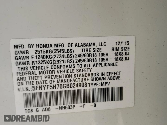 2016 Honda Pilot EX-L with VIN 5FNYF5H70GB024908, listed as a Copart auction lot 43238705 with 156,412 mi miles and Salvage Title. Bid and sale history available at DreamBid. Image 13.