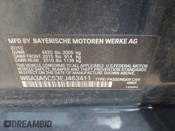 2014 BMW 3 Series 328i with VIN WBA3A5C53EJ463411, listed as a IAAI auction lot 42732421 with 41,408 mi miles and . Bid and sale history available at DreamBid. Image 9.