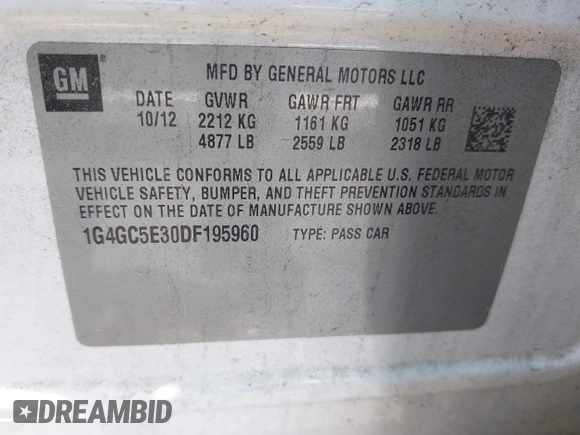 2013 Buick LaCrosse Leather with VIN 1G4GC5E30DF195960, listed as a IAAI auction lot 42362060 with 211,258 mi miles and . Bid and sale history available at DreamBid. Image 9.