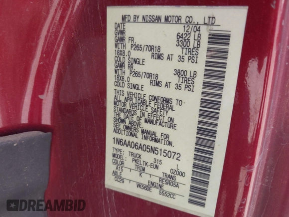 2005 Nissan Titan SE with VIN 1N6AA06A05N515072, listed as a IAAI auction lot 42527454 with Not provided miles and . Bid and sale history available at DreamBid. Image 9.
