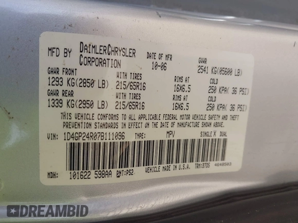 2007 Dodge Grand Caravan SE with VIN 1D4GP24R07B111096, listed as a IAAI auction lot 42523469 with 162,640 mi miles and . Bid and sale history available at DreamBid. Image 9.
