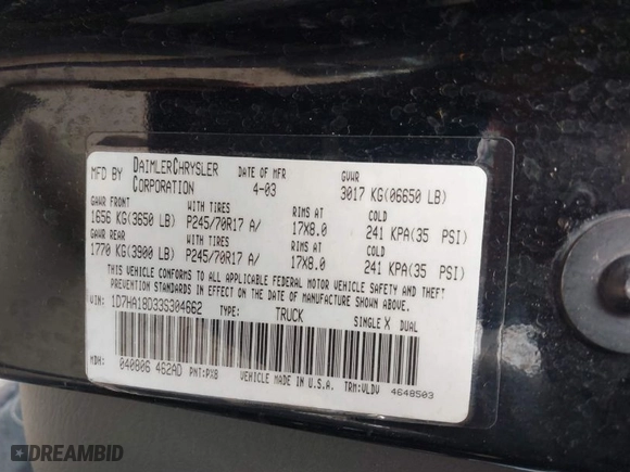 2003 Dodge Ram 1500 ST with VIN 1D7HA18D33S304662, listed as a IAAI auction lot 41577050 with 184,808 mi miles. Bid and sale history available at carsss.com. Image 9.