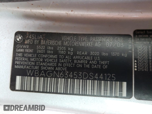 2003 BMW 7 Series 745Li with VIN WBAGN63453DS44125, listed as a Copart auction lot 69498914 with Not Provided miles and Salvage Title. Bid and sale history available at DreamBid. Image 12.