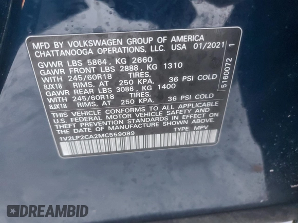 2021 Volkswagen Atlas SE z VIN 1V2LP2CA2MC559089, wystawiony jako Copart lot #43251325 z przebiegiem 60 630 mil mil oraz Szkody całkowita. Historia ofert i sprzedaży dostępna na DreamBid. Obrazek 15.
