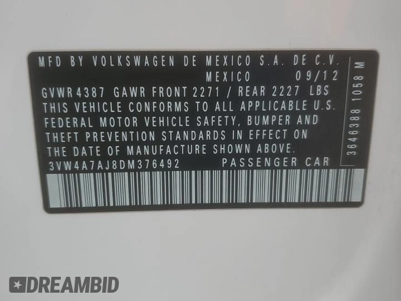 2013 Volkswagen Jetta GLI Autobahn with VIN 3VW4A7AJ8DM376492, listed as a Copart auction lot 50999815 with Not Provided miles and Salvage Title. Bid and sale history available at DreamBid. Image 12.