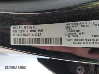 2021 Ram 1500 Big Horn with VIN 1C6SRFFT4MN818902, listed as a IAAI auction lot 42581851 with 58,615 mi miles and . Bid and sale history available at DreamBid. Image 9.