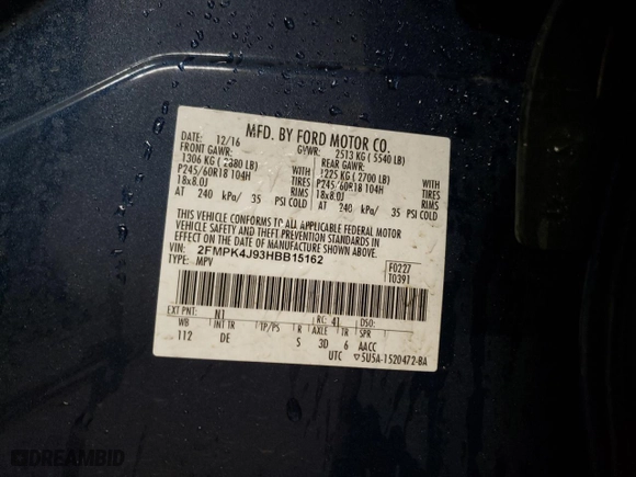 2017 Ford Edge SEL with VIN 2FMPK4J93HBB15162, listed as a Copart auction lot 44546125 with 103,673 mi miles and Salvage Title. Bid and sale history available at carsss.com. Image 12.