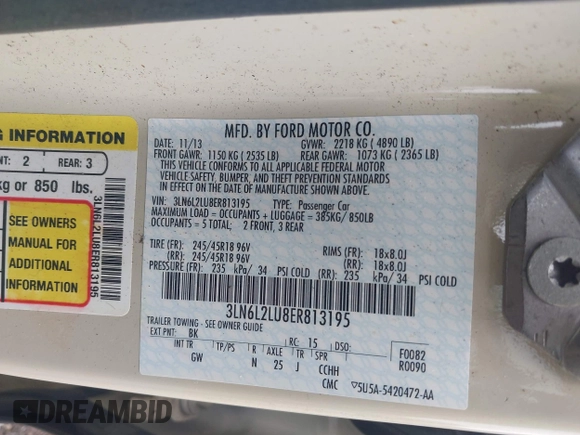 2014 Lincoln MKZ Hybrid with VIN 3LN6L2LU8ER813195, listed as a IAAI auction lot 42578644 with 153,893 mi miles and . Bid and sale history available at DreamBid. Image 9.