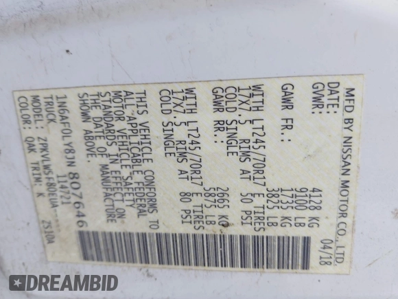 2018 Nissan NV Cargo SV with VIN 1N6AF0LY8JN807646, listed as a IAAI auction lot 40879060 with 78,069 mi miles and . Bid and sale history available at DreamBid. Image 9.