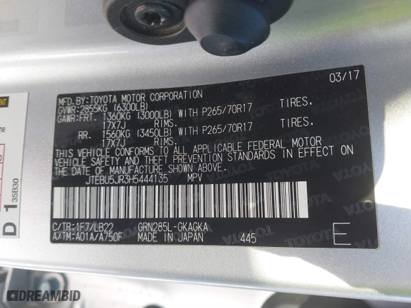 2017 Toyota 4Runner SR5 with VIN JTEBU5JR3H5444135, listed as a IAAI auction lot 41242073 with 132,663 mi miles. Bid and sale history available at carsss.com. Image 9.