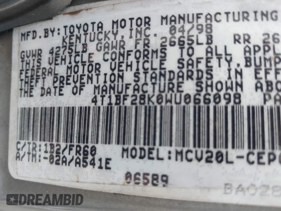 1998 Toyota Camry LE z VIN 4T1BF28K0WU066098, wystawiony jako IAAI lot #41971003 z przebiegiem 324 180 mil mil oraz . Historia ofert i sprzedaży dostępna na DreamBid. Obrazek 9.