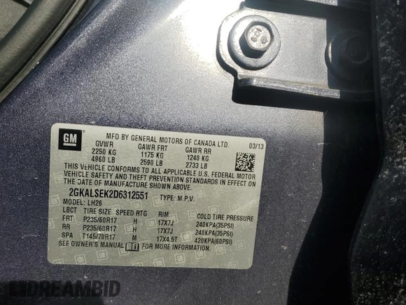 2013 GMC Terrain SLE with VIN 2GKALSEK2D6312551, listed as a Copart auction lot 56558315 with 106,245 mi miles and Clean title. Bid and sale history available at DreamBid. Image 13.
