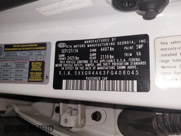 2015 Kia Optima SXL Turbo with VIN 5XXGR4A63FG408045, listed as a IAAI auction lot 41475991 with 133,263 mi miles and . Bid and sale history available at DreamBid. Image 9.