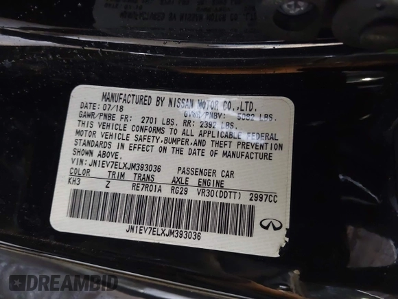 2018 Infiniti Q60 Luxe with VIN JN1EV7ELXJM393036, listed as a IAAI auction lot 41951210 with Not provided miles and . Bid and sale history available at DreamBid. Image 9.