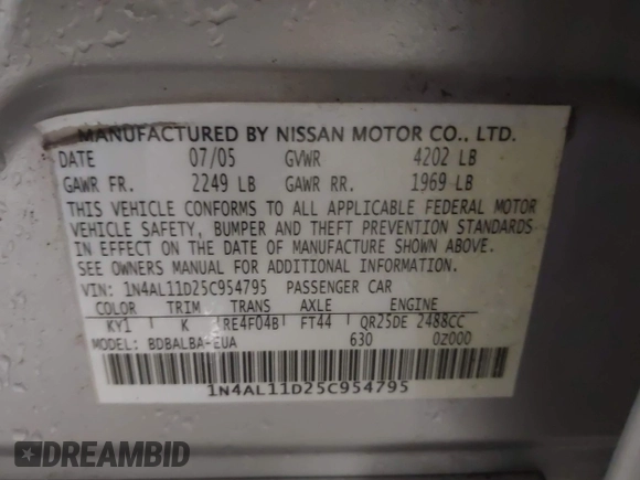 2005 Nissan Altima S z VIN 1N4AL11D25C954795, wystawiony jako IAAI lot #42411814 z przebiegiem 173 157 mil mil oraz . Historia ofert i sprzedaży dostępna na DreamBid. Obrazek 9.