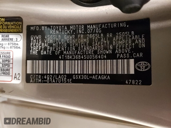 2005 Toyota Avalon XL with VIN 4T1BK36B45U056404, listed as a Copart auction lot 53120005 with 274,190 mi miles and Salvage Title. Bid and sale history available at DreamBid. Image 12.