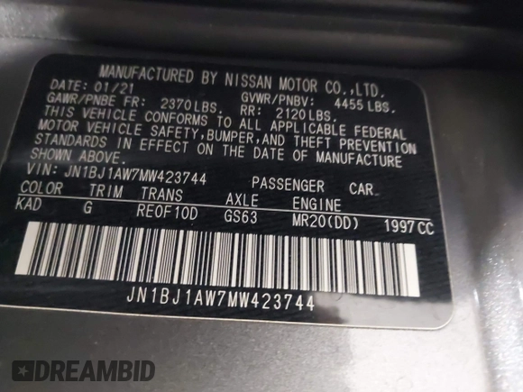 2021 Nissan Rogue S with VIN JN1BJ1AW7MW423744, listed as a IAAI auction lot 42122665 with 48,262 mi miles and . Bid and sale history available at DreamBid. Image 9.