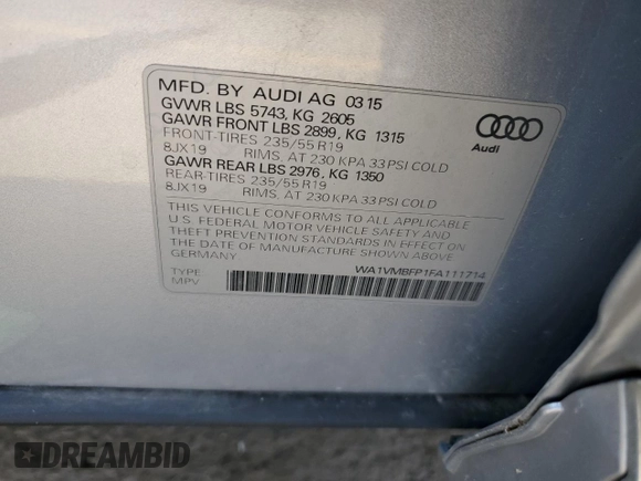2015 Audi Q5 z VIN WA1VMBFP1FA111714, wystawiony jako Copart lot #63191874 z przebiegiem 62 594 mil mil oraz Szkoda całkowita • Salvage title. Historia ofert i sprzedaży dostępna na DreamBid. Obrazek 13.