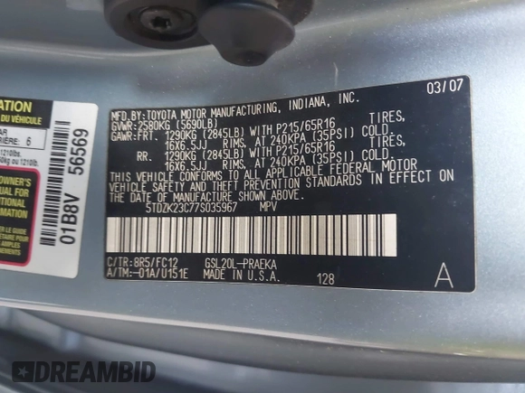 2007 Toyota Sienna CE with VIN 5TDZK23C77S035967, listed as a IAAI auction lot 42166445 with 223,114 mi miles. Bid and sale history available at carsss.com. Image 9.