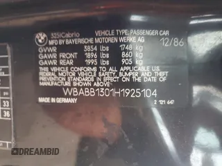1987 BMW 3 Series z VIN WBABB1301H1925104, wystawiony jako Copart lot #76612264 z przebiegiem 143 765 mil mil oraz Szkoda całkowita • Salvage title. Historia ofert i sprzedaży dostępna na DreamBid. Obrazek 12.
