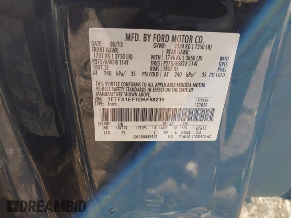 2013 Ford F-150 XL with VIN 1FTFX1EF1DKF58216, listed as a IAAI auction lot 41434043 with 112,187 mi miles and . Bid and sale history available at DreamBid. Image 9.