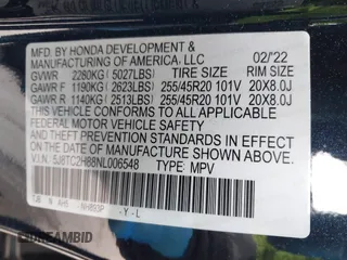 2022 Acura RDX PMC Edition with VIN 5J8TC2H88NL006548, listed as a IAAI auction lot 41730514 with 17,158 mi miles. Bid and sale history available at carsss.com. Image 9.